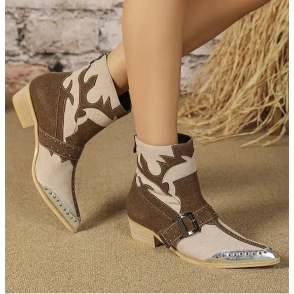 Boho Western Cowboy Boots Women's Pointed Toe Buckle Detail 8 40 Brown - Picture 1 of 10
